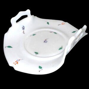 Vintage Hand Painted Florals White Lancaster Glass Co Double Handle Candy Dish